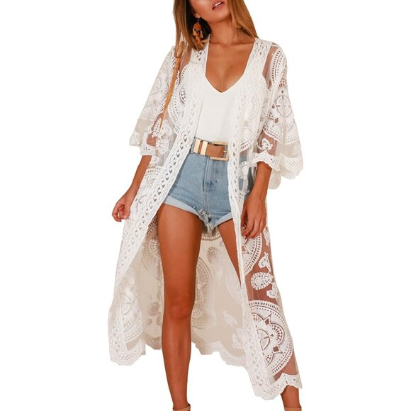 🆕Women White Lace Kimono Bikini Swimsuit Cover Up Beach Floral Dress - Picture 1 of 7